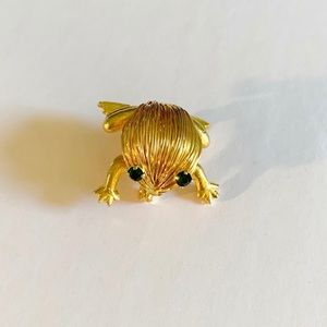 Gold Frog Brooch with Green Accents